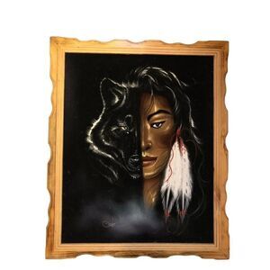 VTG David Ortiz Velvet Hand Painting Native American Women Black Wolf